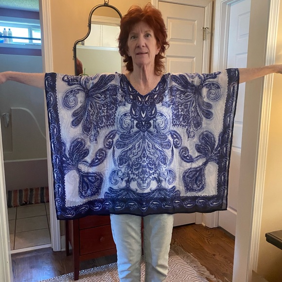 Chico's Blue and White Poncho Pullover Top Tunic with Paisley Design - Picture 3 of 4